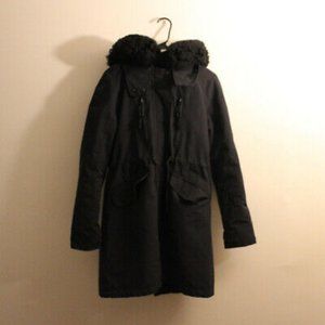 Black Zara Parka Detachable Fur Hood XS